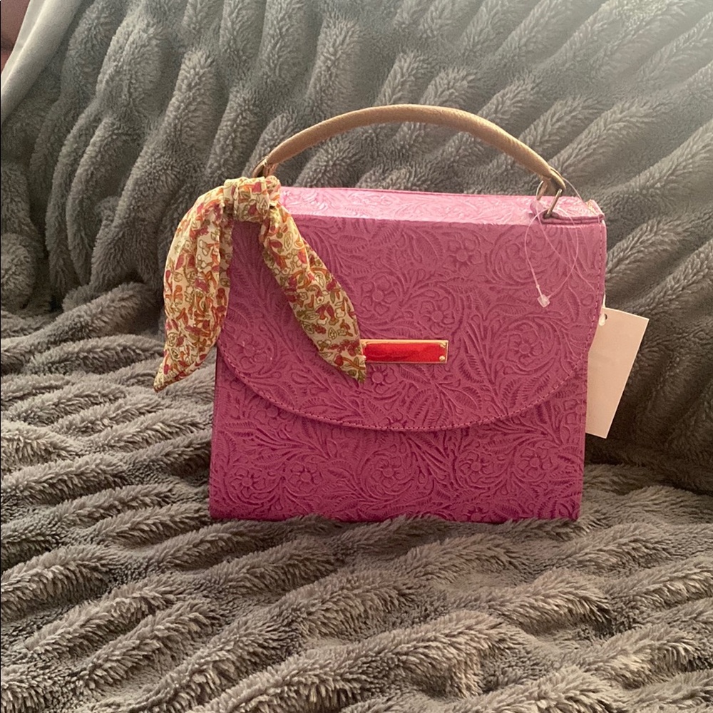 Pink Embossed Handbag with Scarf Accent